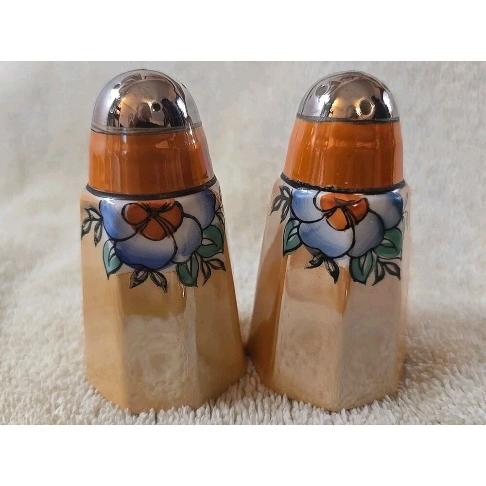 Vintage Hand Painted Lusterware Salt and Pepper Made In Japan Octagonal Base